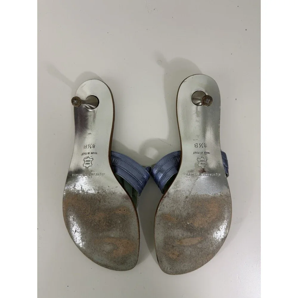 Sigerson Morrison Kitten Heel Sandals Thong Metallic Blue Sz 8.5 Y2K Fashion